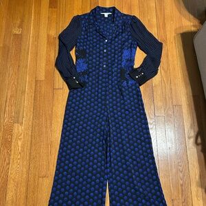 Diane von Furstenberg Cathy Polka Dot Jumpsuit Blue Black Womens 10